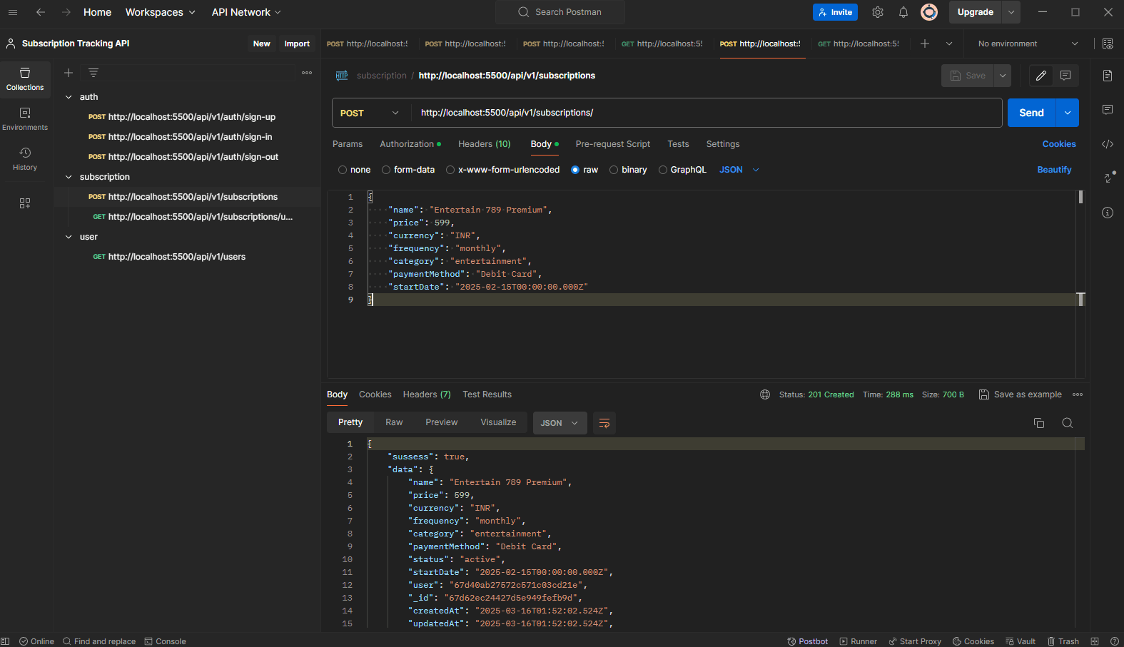 Screenshot of Subscription Tracking API project